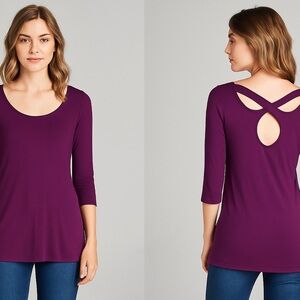 Loveappella Purple Crisscross Back 3/4 Sleeve Tunic Top